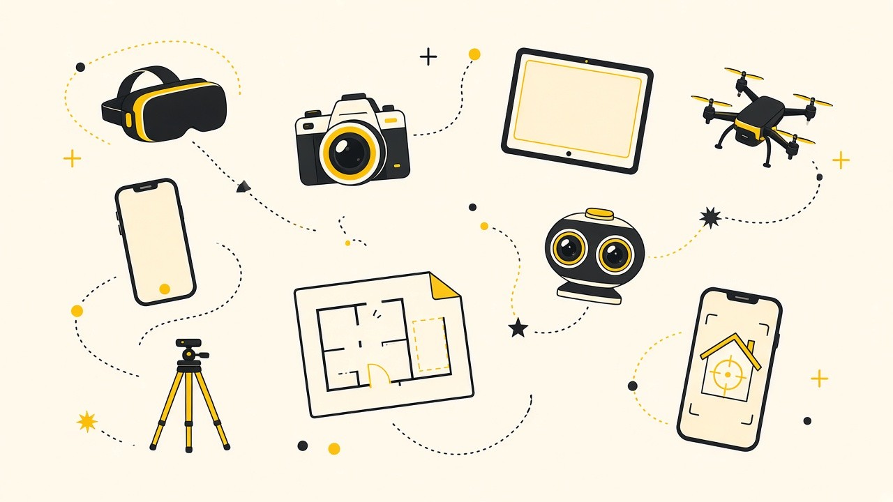 Creative icons of the Jenkins Property viewing toolkit: VR, camera, tablet, phone, drone, 360 camera, tripod, floor plan and AR